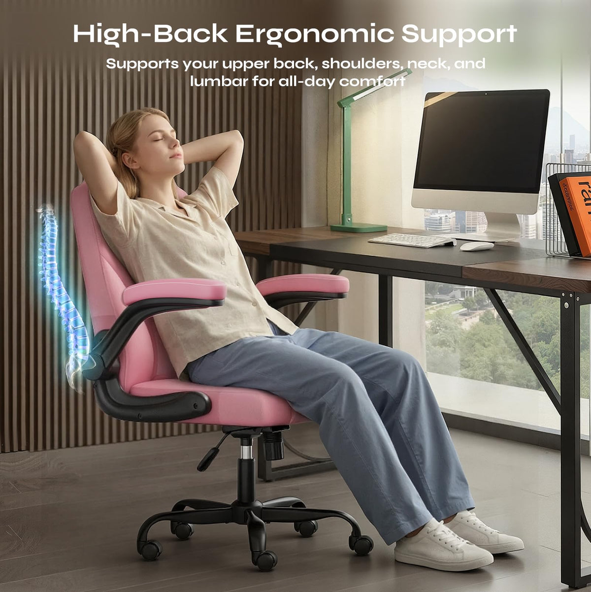 PU Leather Mid-Back Office Chair, Flip-Up Arms, 3.5" Dual-Layer Cushion