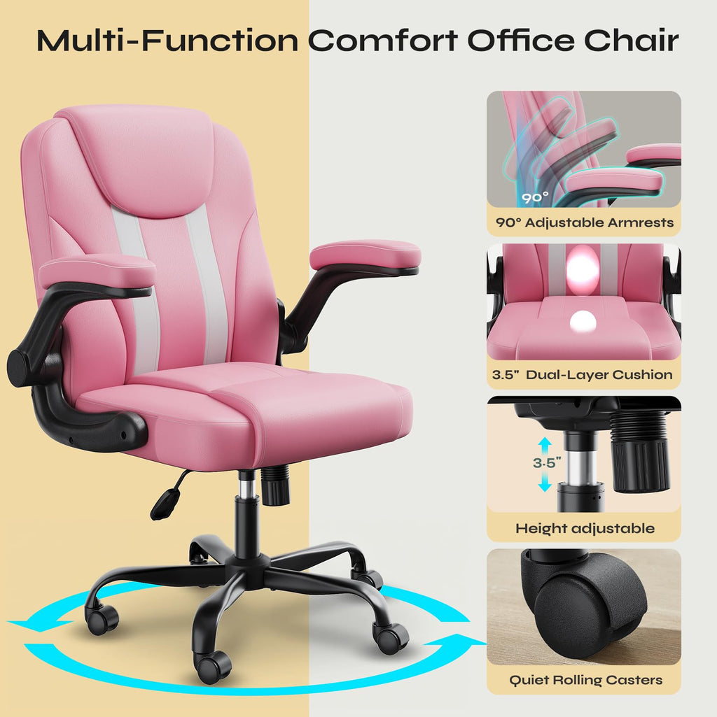 PU Leather Mid-Back Office Chair, Flip-Up Arms, 3.5" Dual-Layer Cushion