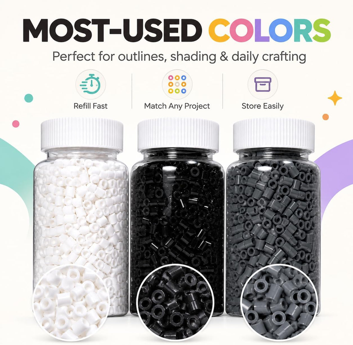 5mm Fuse Beads Refill Kit, 3 Neutral Colors Black White Grey Fuse Beads