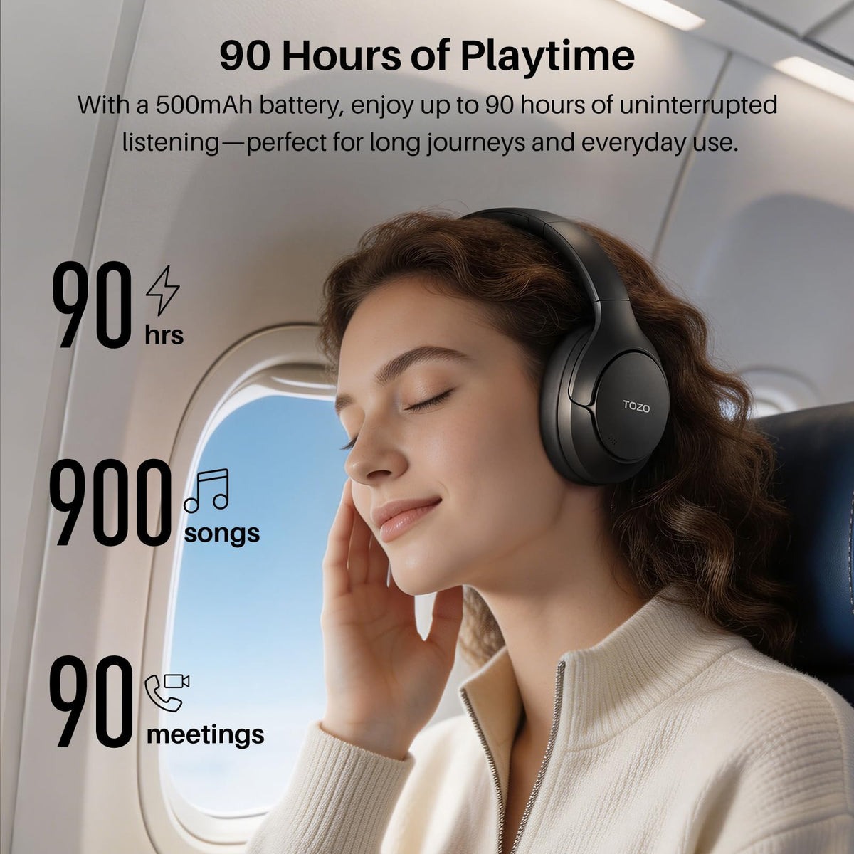 TOZO HT3 Hybrid Noise Cancelling Wireless Headphones, 90H Over Ear Headset
