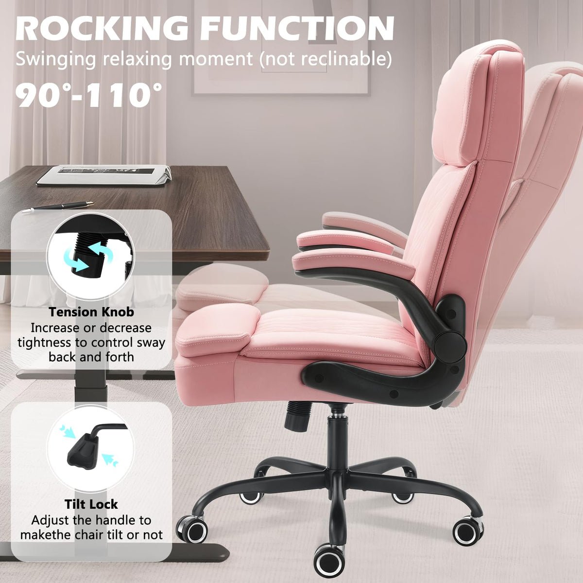 450LBS Big and Tall Executive Office Chair with Flip up Arm, Heavy Duty PU Leather Computer Desk Chair,Comfortable High Back Swivel Home Office Chair with Rolling for Adults,Spring Cushion,Metal Base