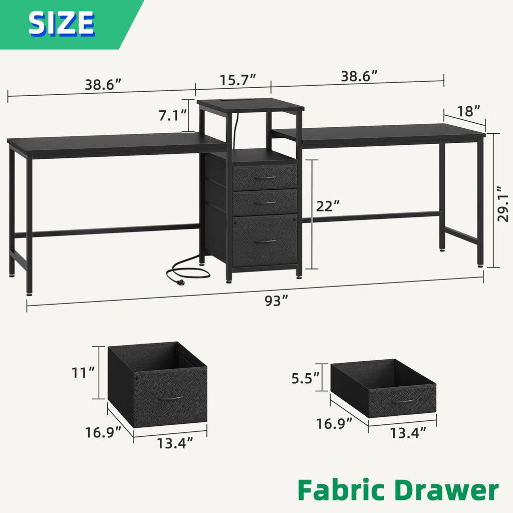 GYIIYUO 93'' Two Person Desk with Charging Station, Long Desk with 3 Drawer