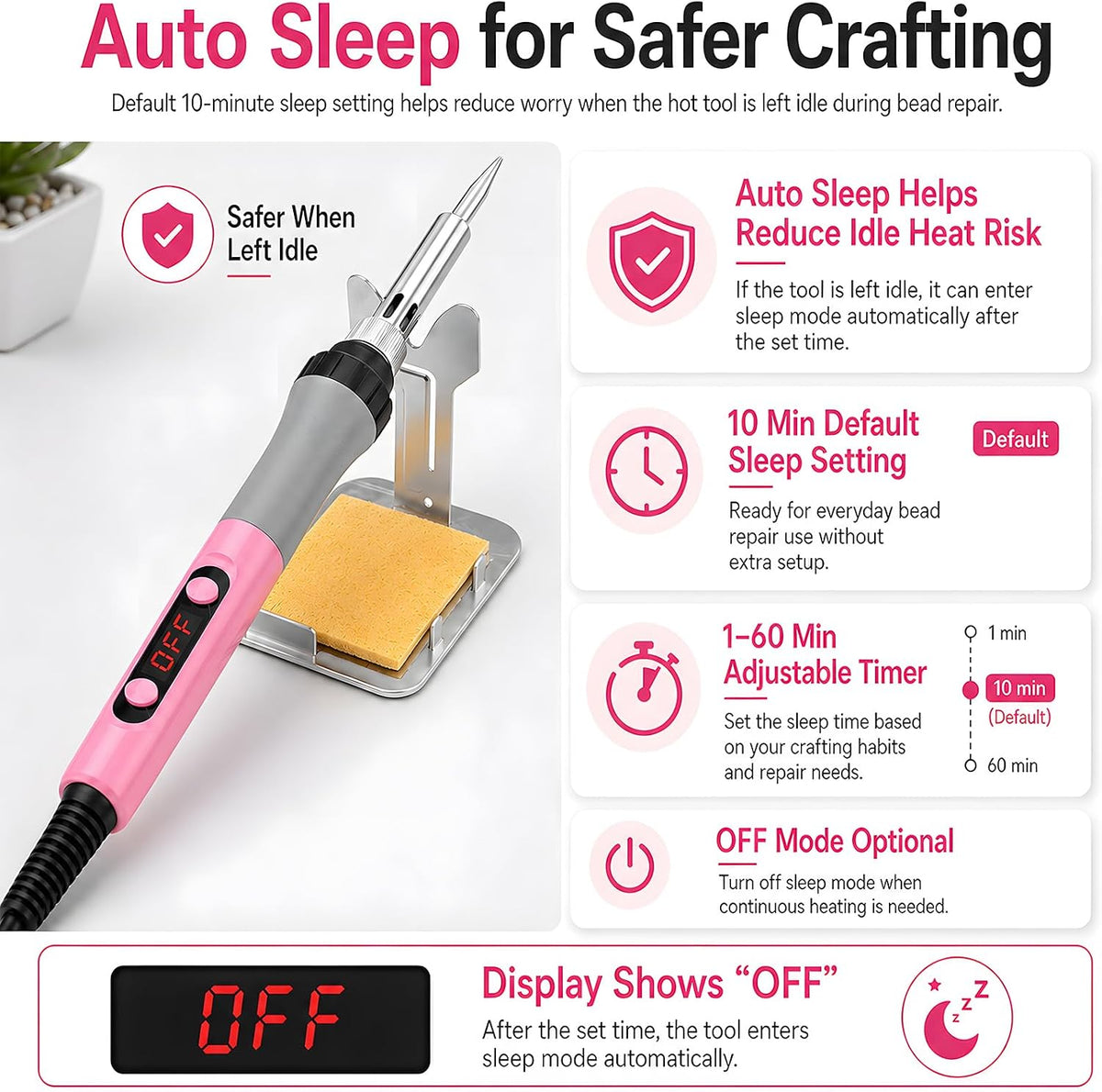Fuse Bead Repair Iron, Mini Touch-Up Kit for Ironing Beads and Melty Beads, 90W Fast Heating with Precise Temperature Control and Auto Sleep, for Pegboards and DIY Crafts (Pink)