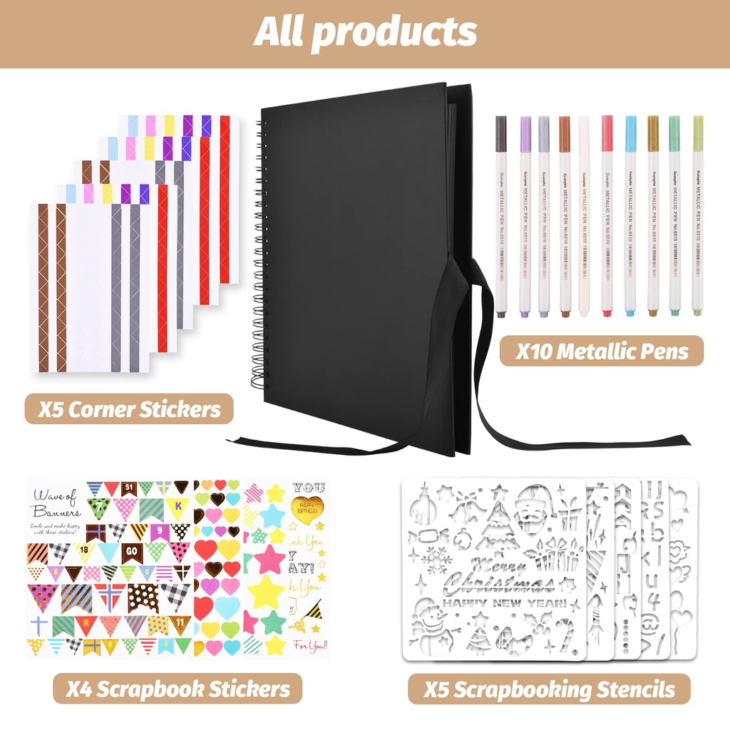 Gotideal 80 Pages Scrapbook Album with 10 Metallic Markers, Black