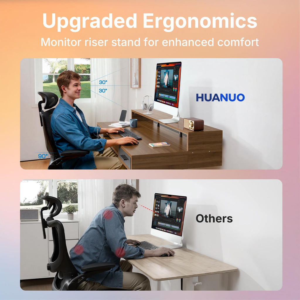 HUANUO 55″ x 26″ Electric Standing Desk with 2 Drawers &24.4″ Large Keyboard Tray, C-Clamp Mount Compatible, Adjustable Computer Desk for Office, Sit Stand Up Desk with 4 Height Presets, Light Walnut