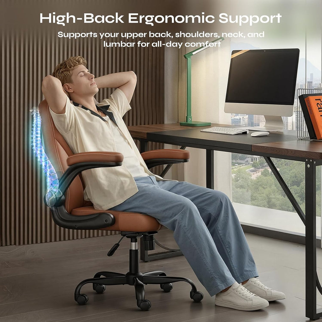 PU Leather Mid-Back Office Chair, Flip-Up Arms, 3.5" Dual-Layer Cushion