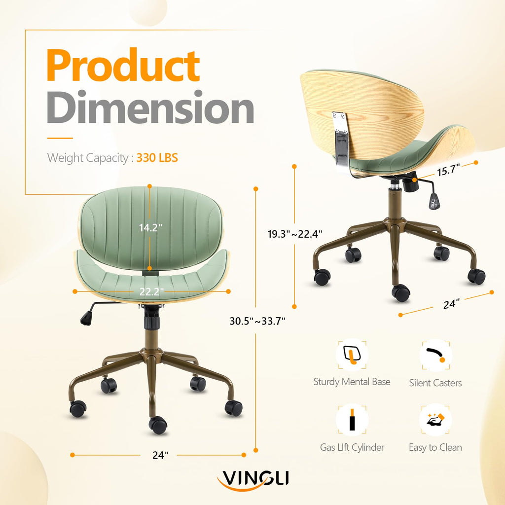 VINGLI Wide Comfotable Swivel Home Office Chair with Wood-Grain Curved Shell,Ergomomic Mid-Back Padded Armless Modern Desk Chair with Wheels,Height Adjustable for Computer,Task,Work,Microfiber,Rustic