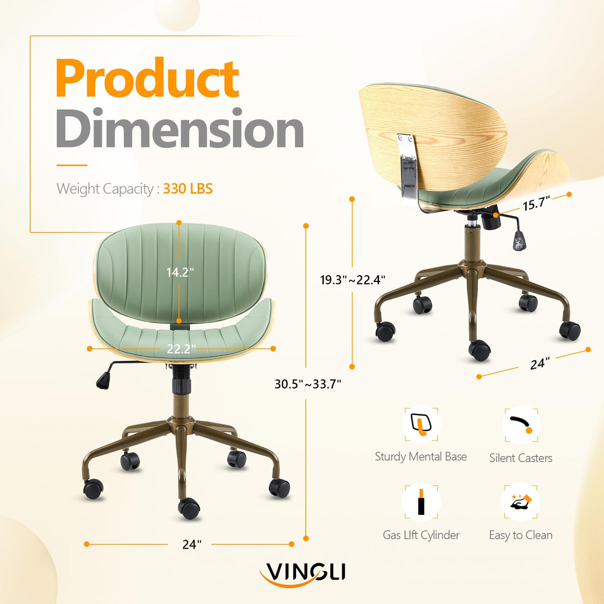 VINGLI Wide Comfotable Swivel Home Office Chair with Wood-Grain Curved Shell,Ergomomic Mid-Back Padded Armless Modern Desk Chair with Wheels,Height Adjustable for Computer,Task,Work,Microfiber,Rustic