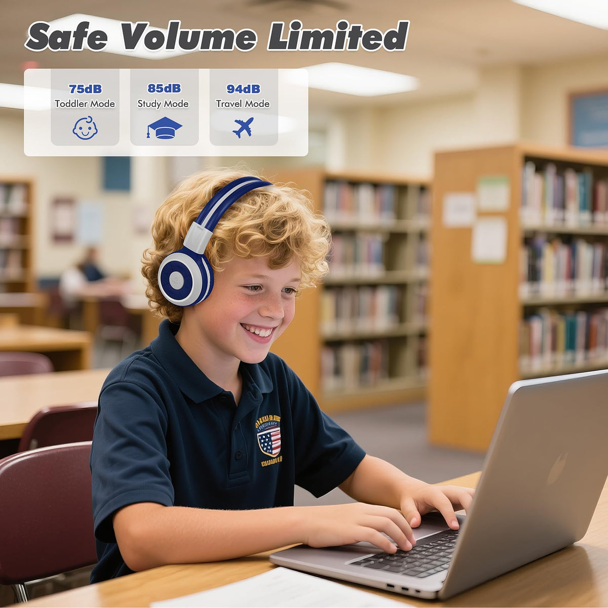SIMOLIO Kids Wireless Headphones w/Mic for School,75/85/94dB Safe Volume