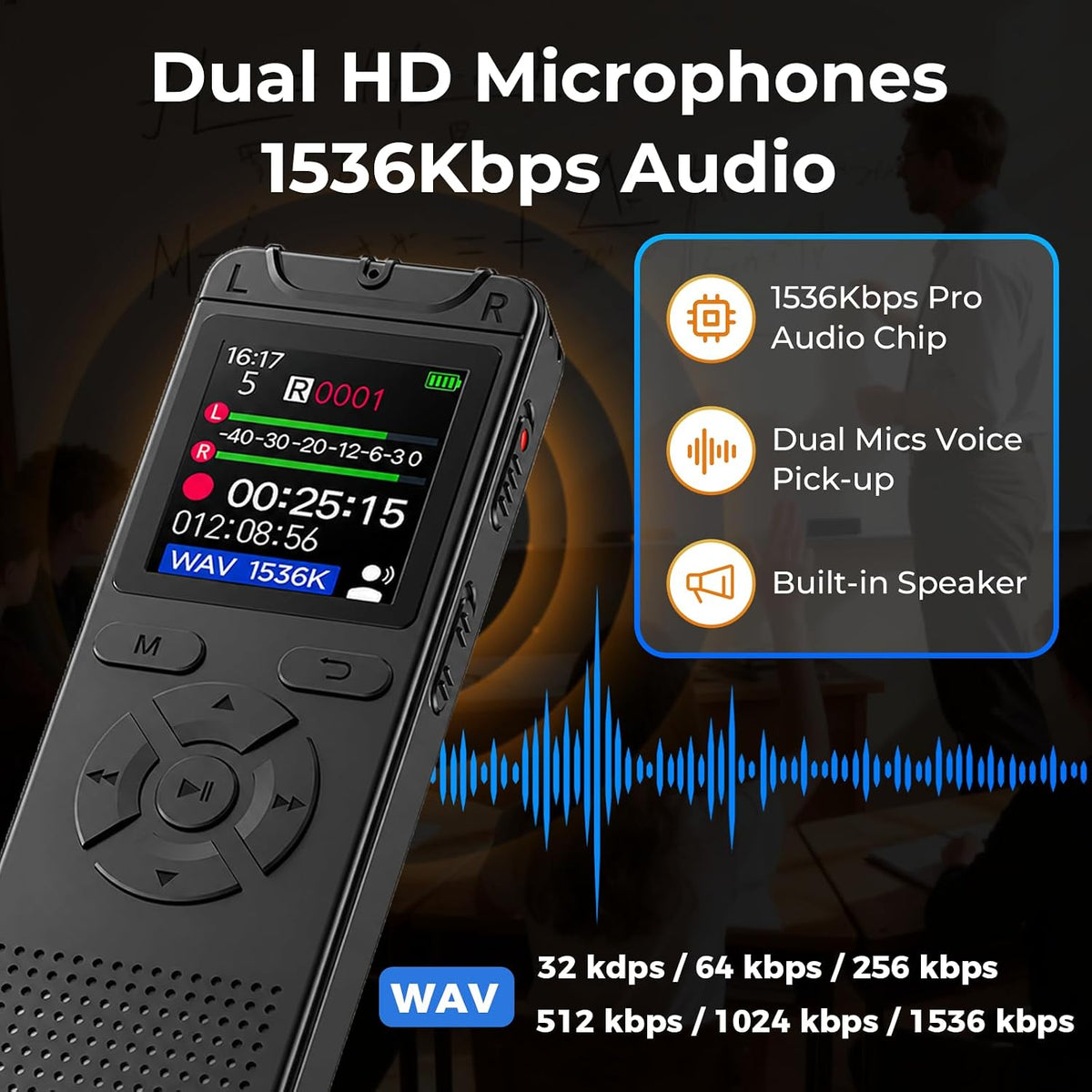 Digital Voice Recorder with Playback, 32GB Built-in Memory Storage