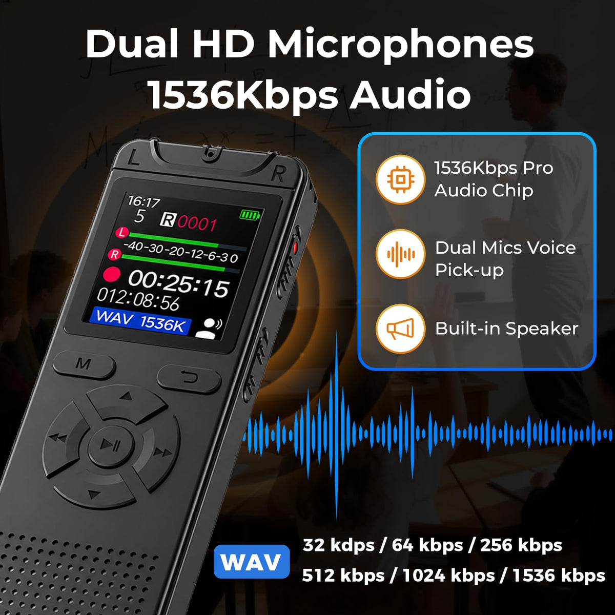 Digital Voice Recorder with Playback, 32GB Built-in Memory Storage