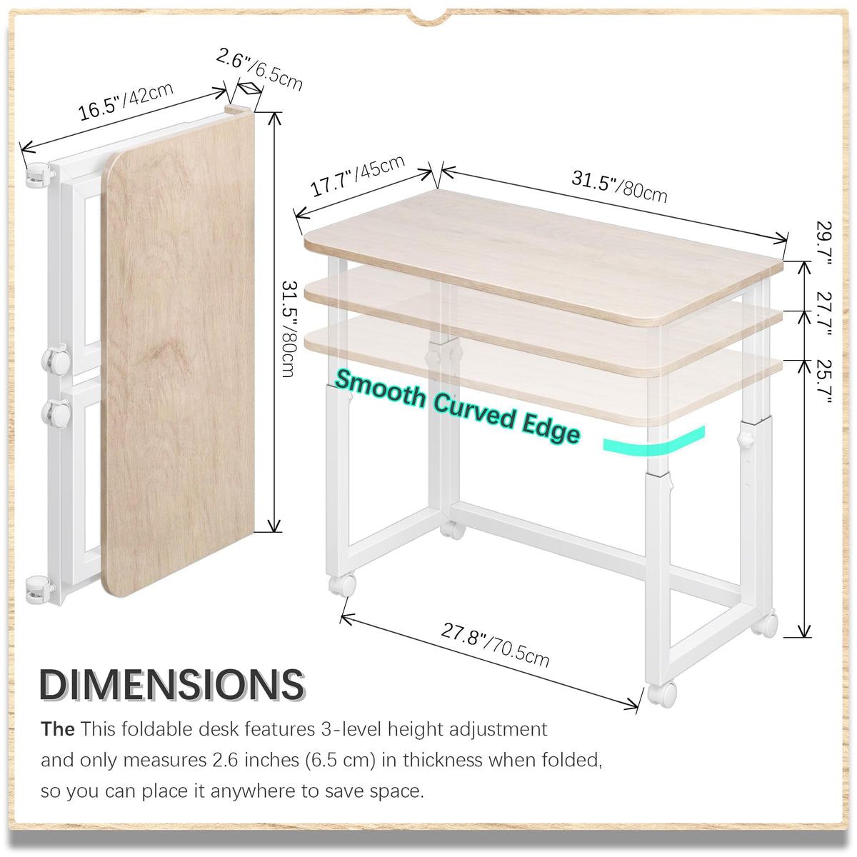 4NM 27.5-Inch Folding Student Desk with Wheels