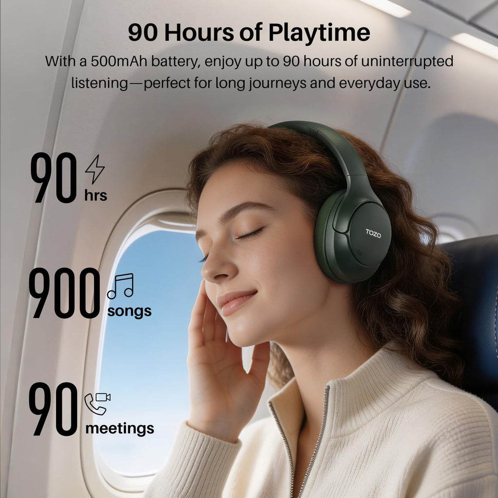 TOZO HT3 Hybrid Noise Cancelling Wireless Headphones, 90H Over Ear Headset