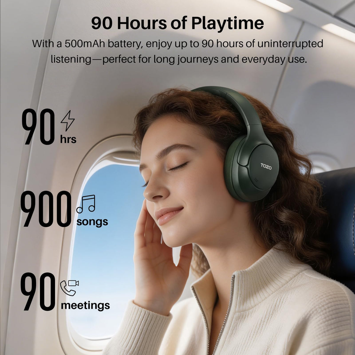 TOZO HT3 Hybrid Noise Cancelling Wireless Headphones, 90H Over Ear Headset