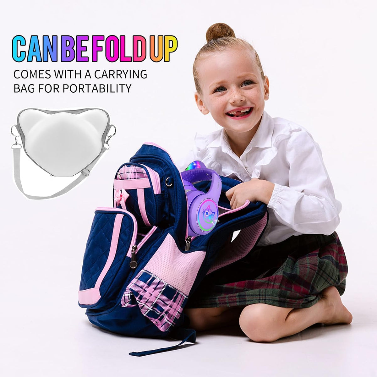 IFECCO Kids Bluetooth Headphones with Case,Cute LED Light Up Cat Ears