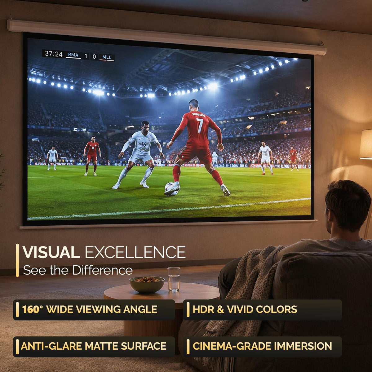 Motorized Projector Screen with Remote Control, No Wrinkles, Without Dents, HD Screen, for Home Theater Office Classroom TV Usage (92inch 16:9)