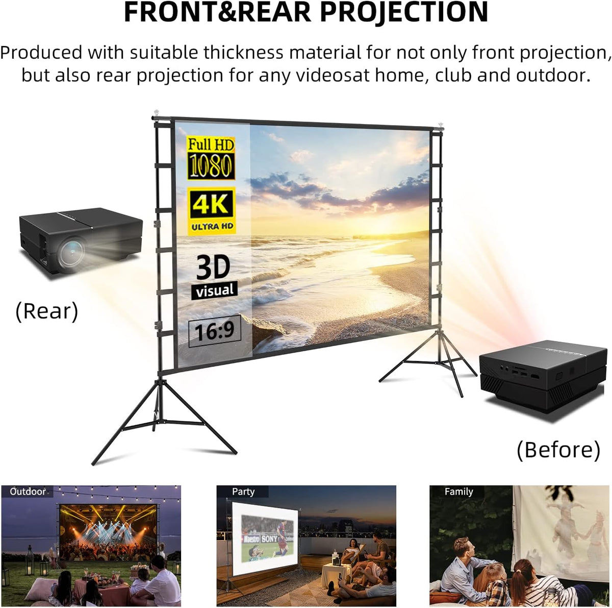 100 Inch Outdoor Projector Screen with One-Piece Telescopic Stand, Wrinkle-Resistant 4K HD Movie Screen for Backyard, Camping and Indoor Home Theater (Fits Long Throw Projectors)