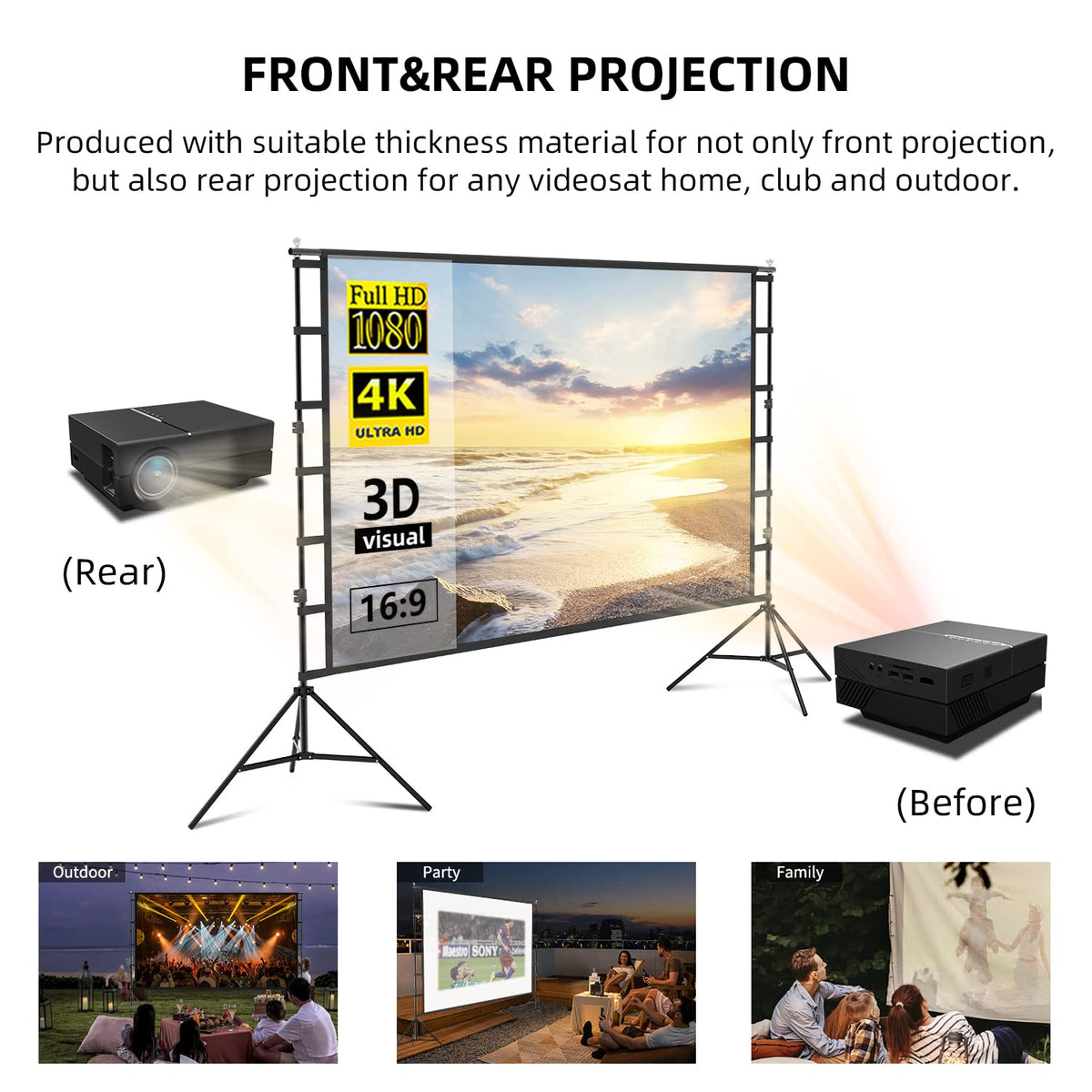 100 Inch Outdoor Projector Screen with One-Piece Telescopic Stand, Wrinkle-Resistant 4K HD Movie Screen for Backyard, Camping and Indoor Home Theater (Fits Long Throw Projectors)