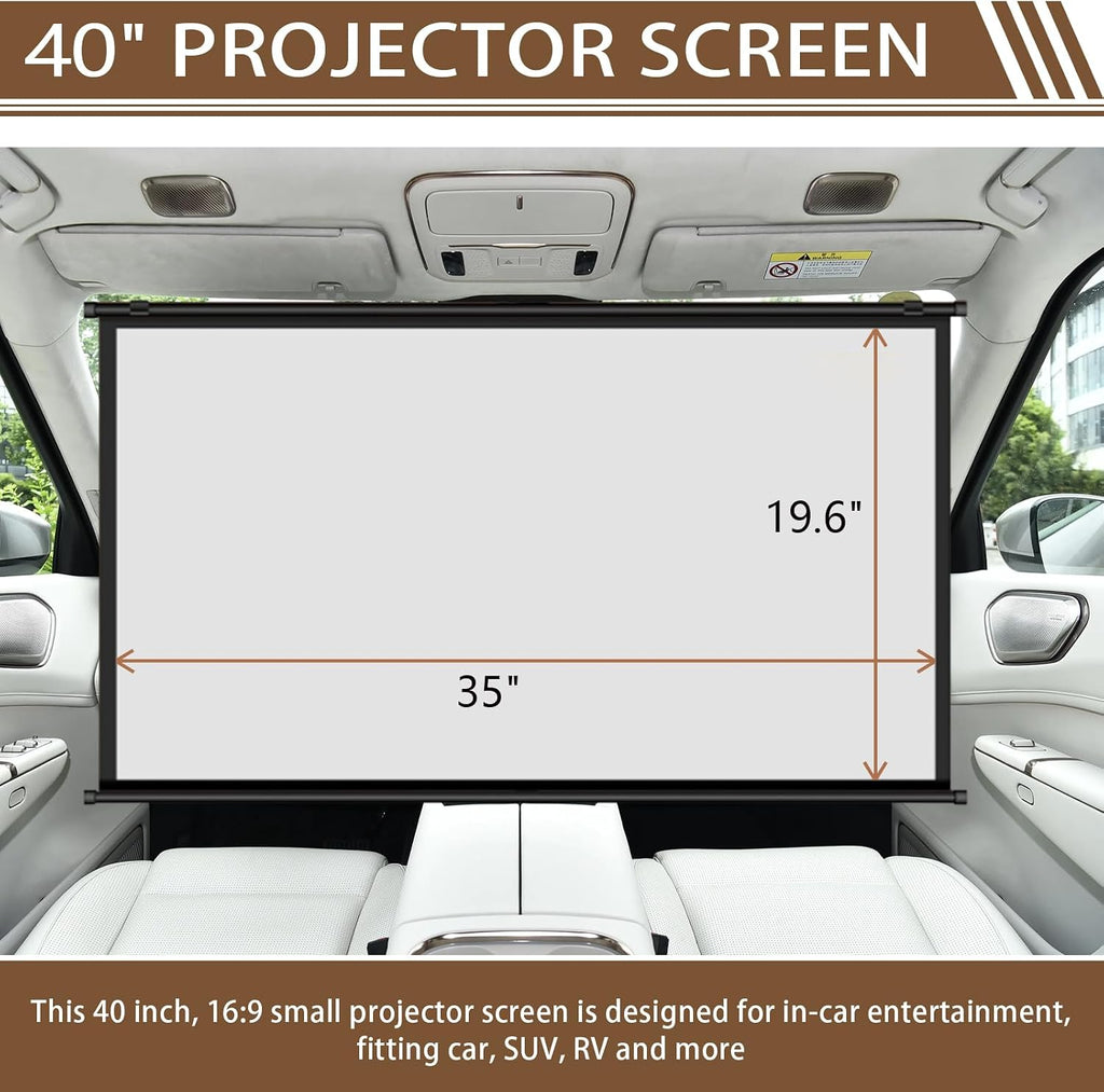 Projector Screen Small for Car, 40 inch 16:9, 4K HD, Portable Projection Screen Retractable, Manual Pull Down and Roll Up Mini Screen, Fitting Car, SUV, RV and More (Manual Rolling)