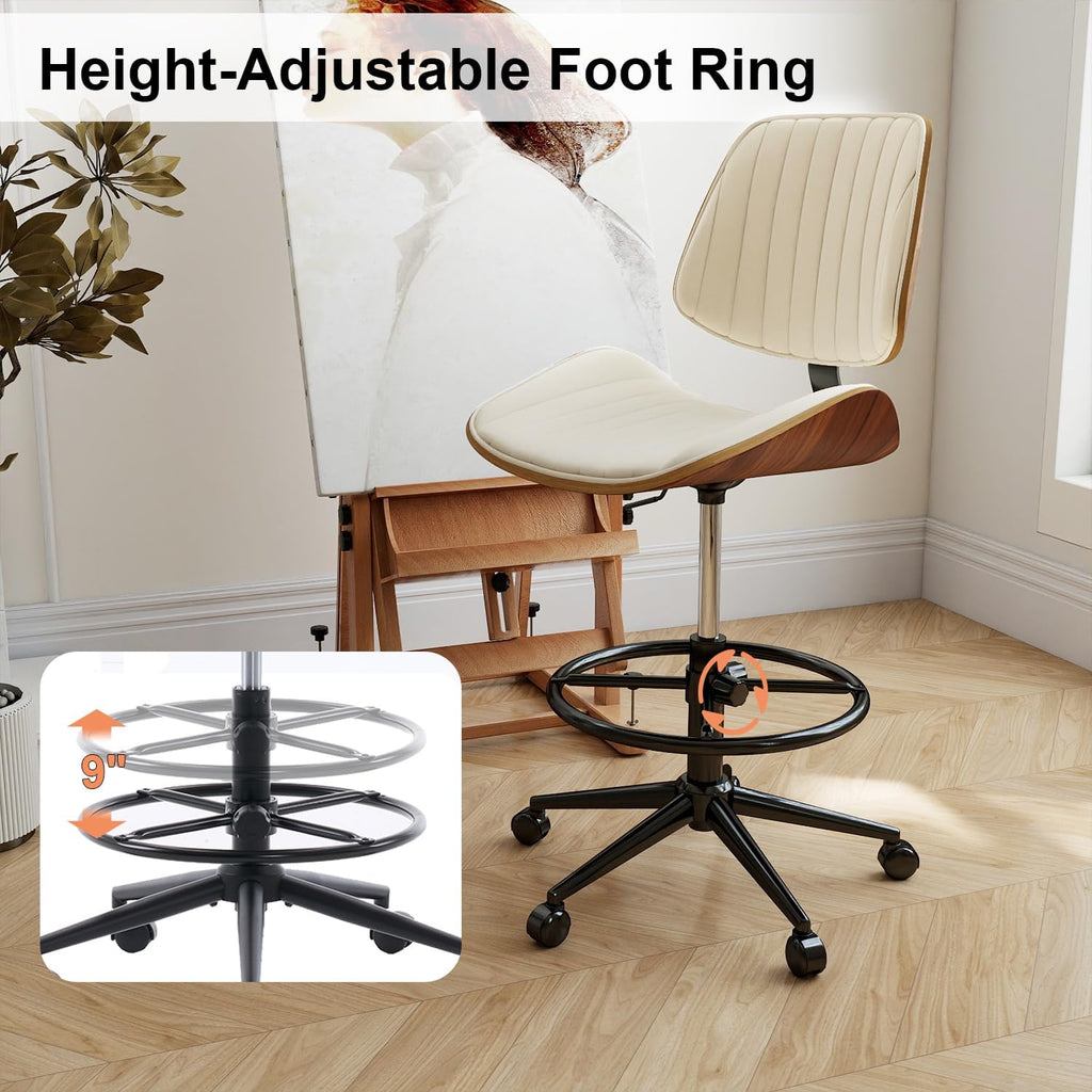 Drafting Chair, Ergonomic Office Chair with Walnut Wood Back Support, Armless PU Leather Desk Chair with Height-Adjustable, Thick Cushion for Home Office, Drafting, Art Studio (Beige)