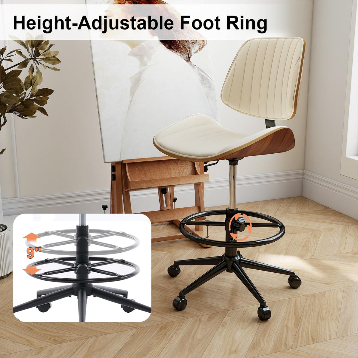 Drafting Chair, Ergonomic Office Chair with Walnut Wood Back Support, Armless PU Leather Desk Chair with Height-Adjustable, Thick Cushion for Home Office, Drafting, Art Studio (Beige)