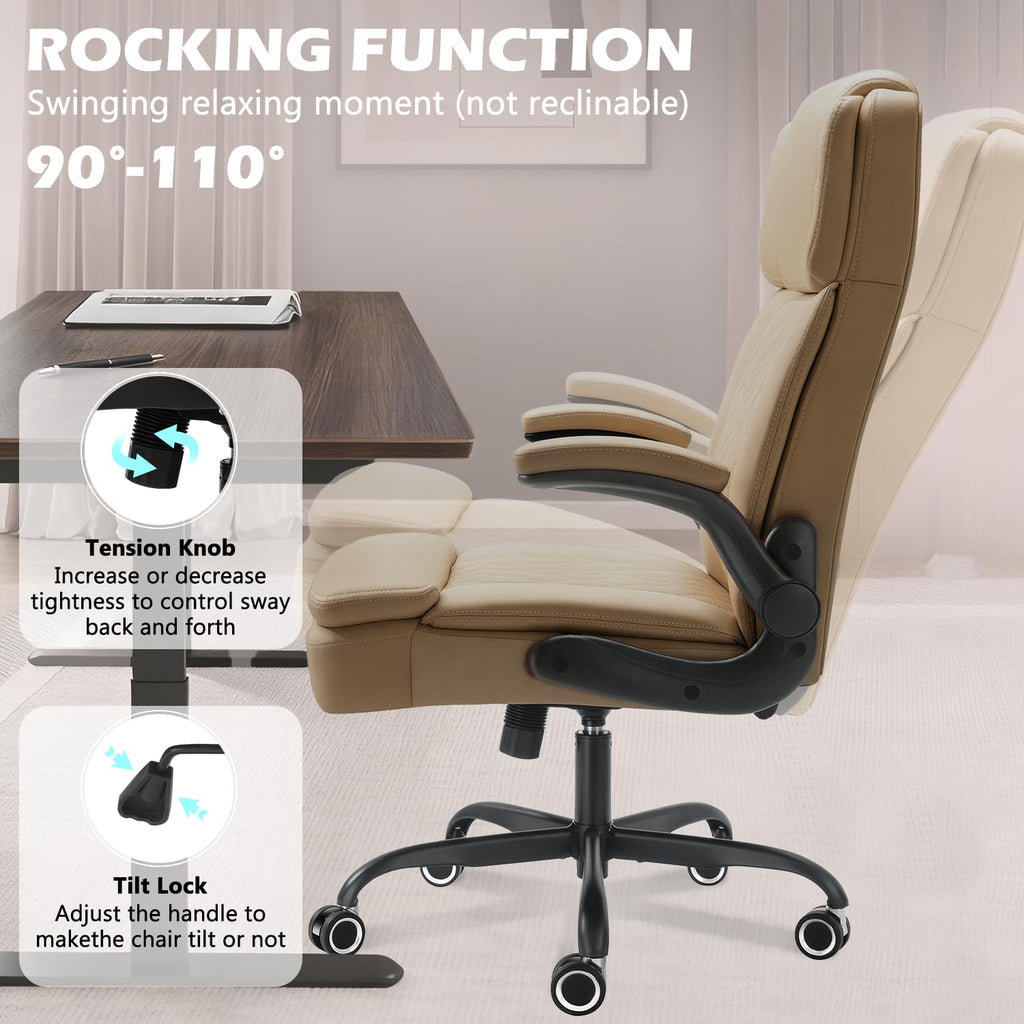 450LBS Big and Tall Executive Office Chair with Flip up Arm, Heavy Duty PU Leather Computer Desk Chair,Comfortable High Back Swivel Home Office Chair with Rolling for Adults,Spring Cushion,Metal Base