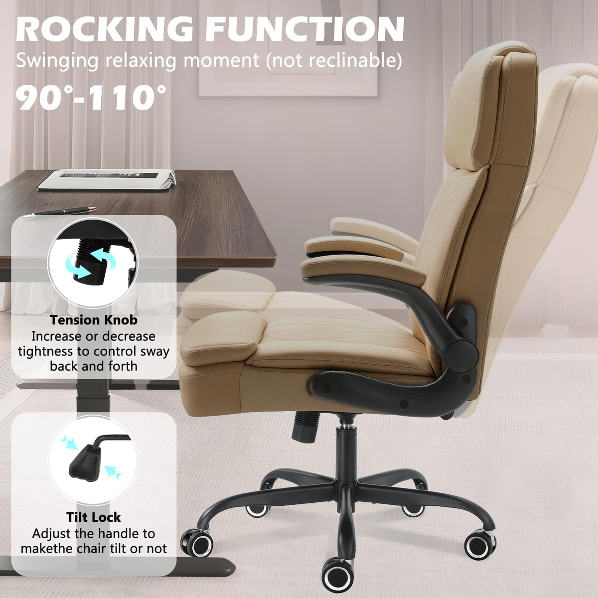 450LBS Big and Tall Executive Office Chair with Flip up Arm, Heavy Duty PU Leather Computer Desk Chair,Comfortable High Back Swivel Home Office Chair with Rolling for Adults,Spring Cushion,Metal Base