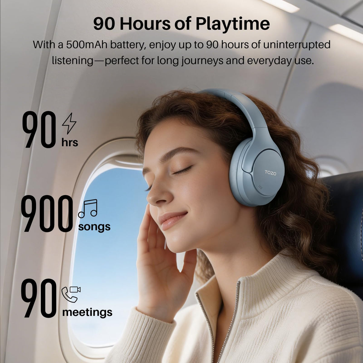 TOZO HT3 Hybrid Noise Cancelling Wireless Headphones, 90H Over Ear Headset