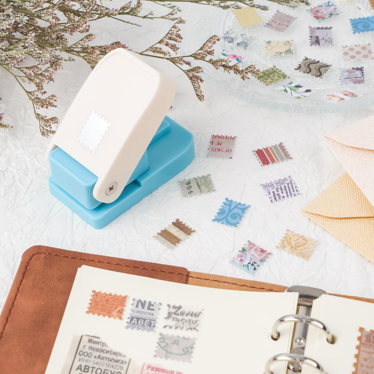 Stamp Puncher 1inch Square Postage Stamp Punch |Stamp Hole Puncher| Scalloped Rectangle Lever Action Paper Punches for Crafting Scrapbooking DIY Card Making Arts Crafts Supplies