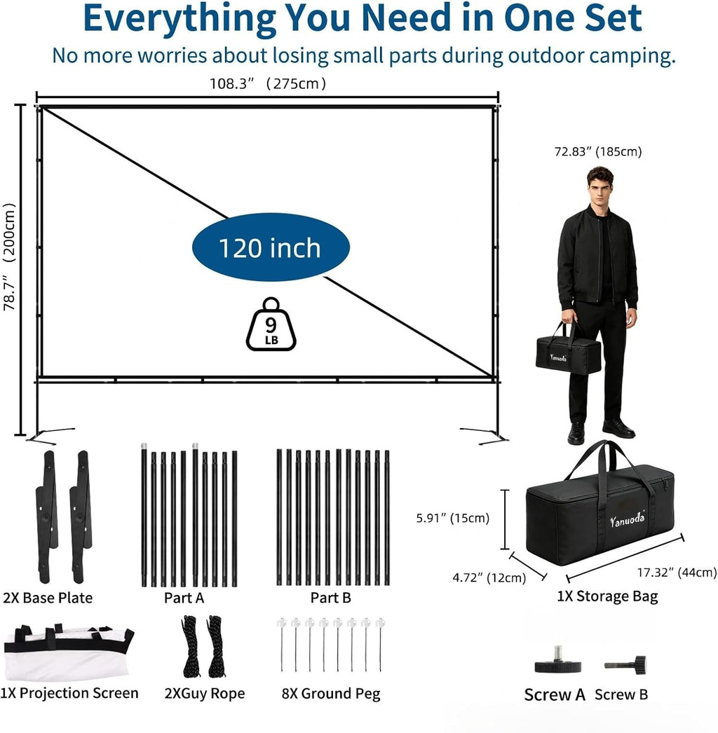 Outdoor Projector Screen with Stand, Portable 16:9, 120-inch