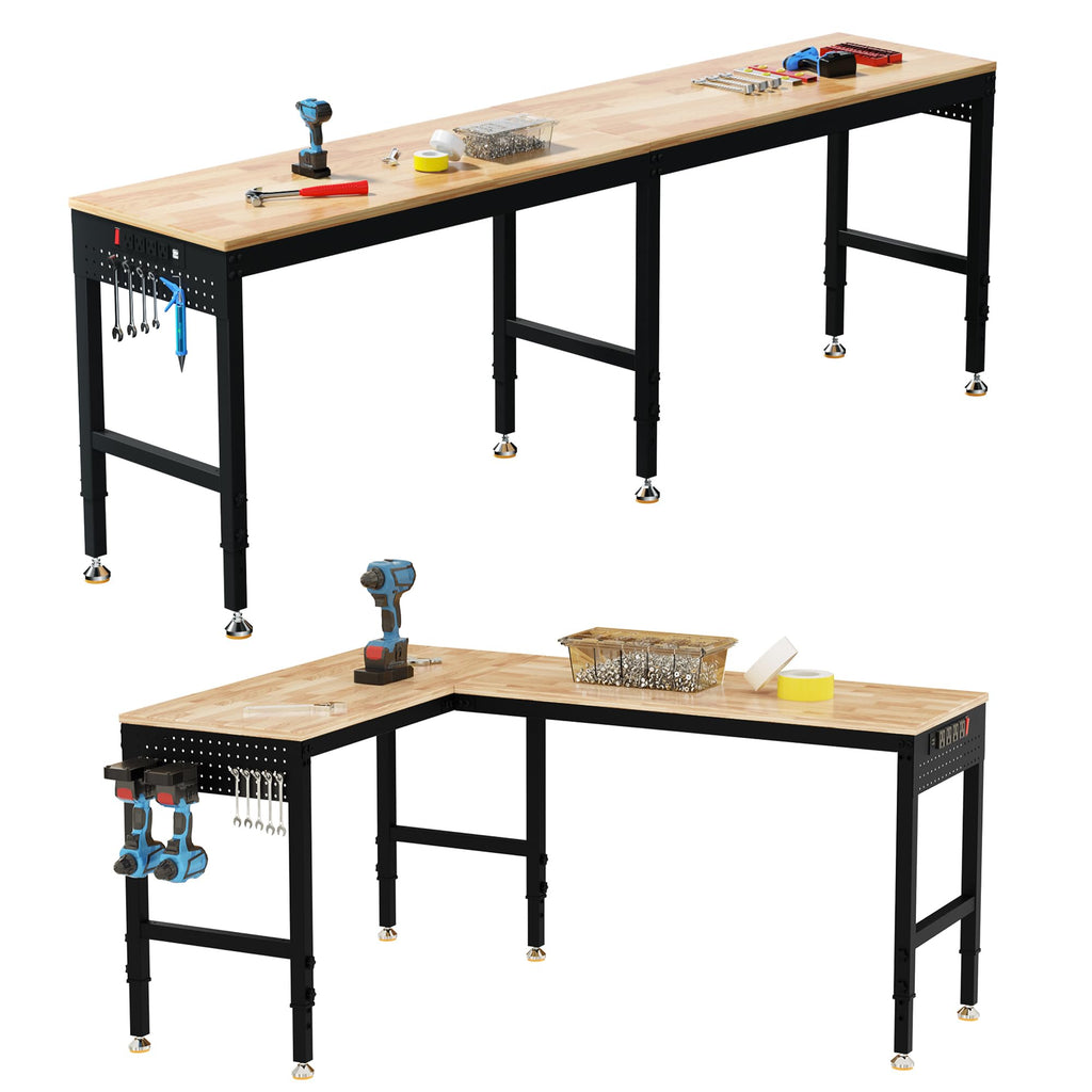 Betterhood 48" Heavy-Duty Adjustable Workbench for Garage, Rubber Wood Shop Table W/Metal Wheels, Hardwood Workstation Weight Capacity Over 2000 Lbs with Wheels