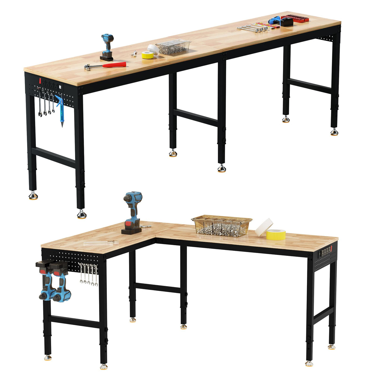 Betterhood 48" Heavy-Duty Adjustable Workbench for Garage, Rubber Wood Shop Table W/Metal Wheels, Hardwood Workstation Weight Capacity Over 2000 Lbs with Wheels