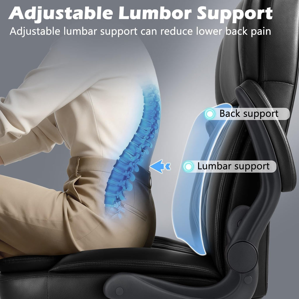450LBS Big and Tall Executive Office Chair with Flip up Arm, Heavy Duty PU Leather Computer Desk Chair,Comfortable High Back Swivel Home Office Chair with Rolling for Adults,Spring Cushion,Metal Base