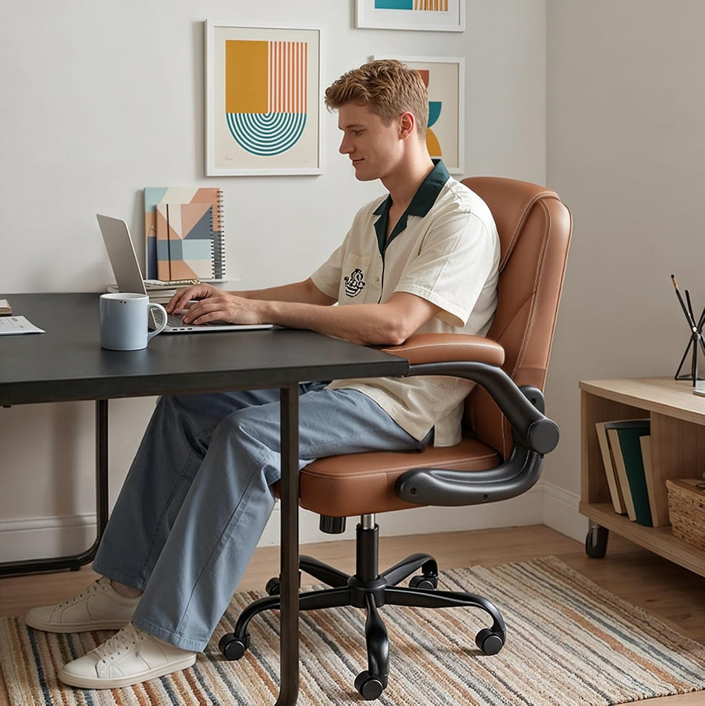 PU Leather Mid-Back Office Chair, Flip-Up Arms, 3.5" Dual-Layer Cushion