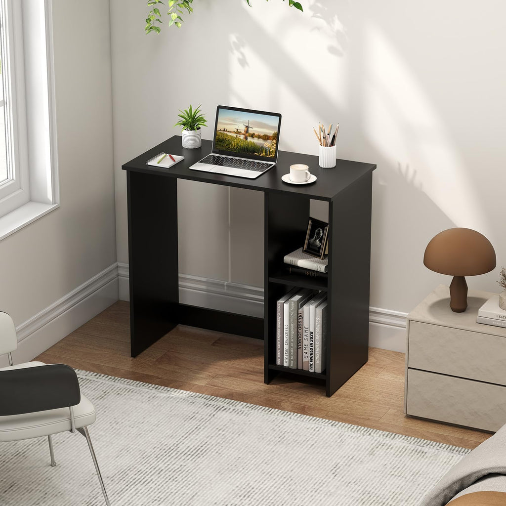 LDAILY Small Desk with 2-Tier Shelves, Compact Computer Writing Desk(White)