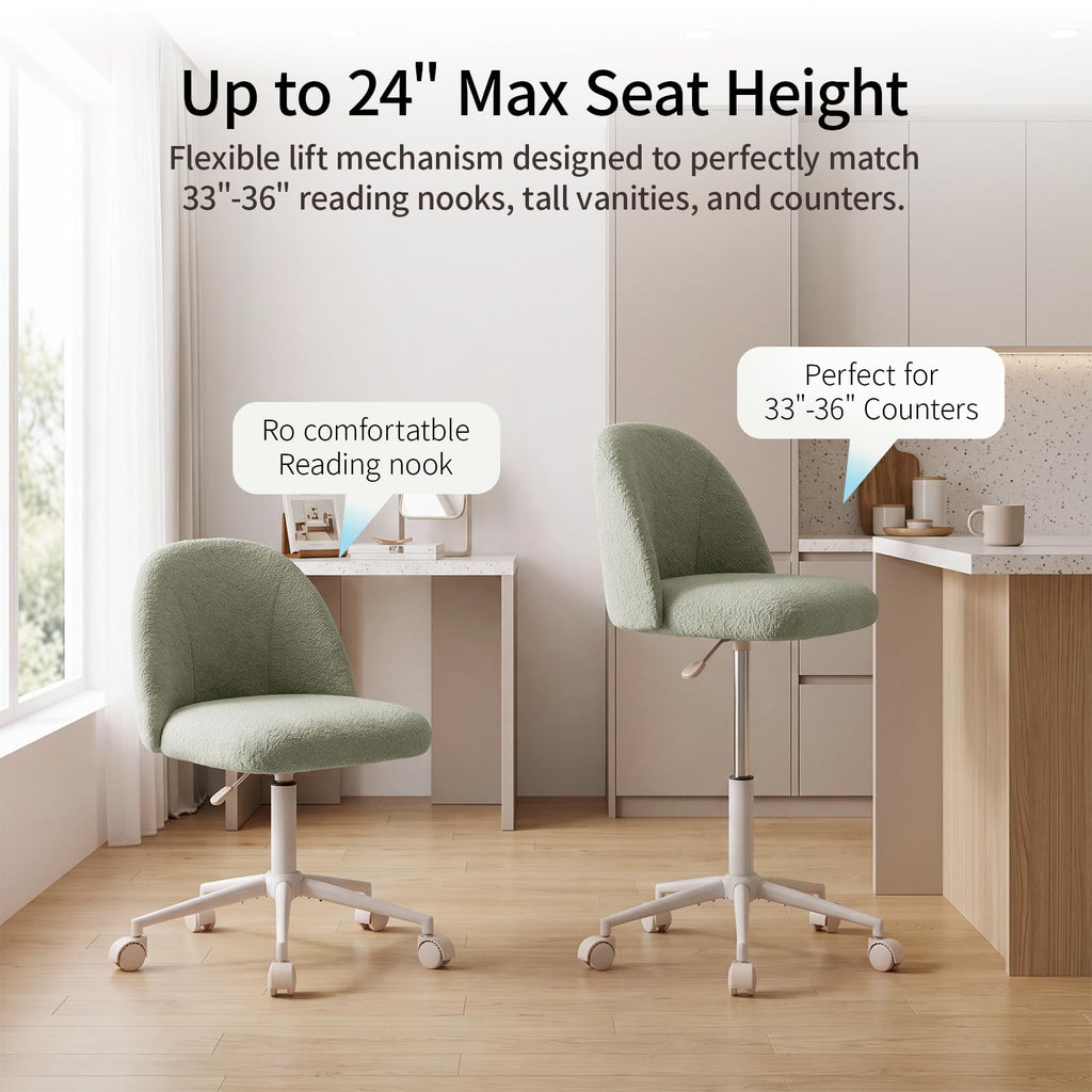 White Vanity Chair with Wheels＆Back, Armless Cute Desk Chair