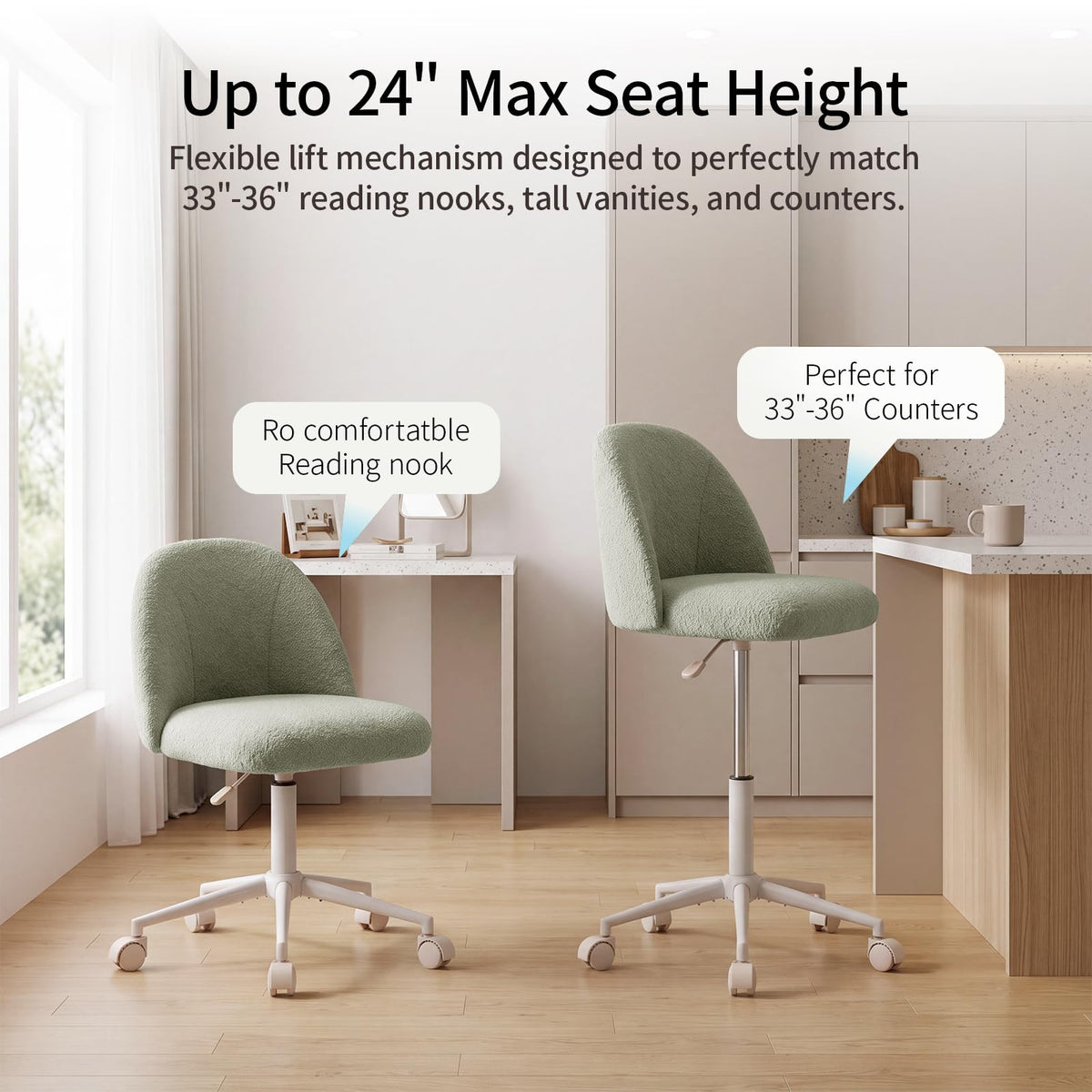 White Vanity Chair with Wheels＆Back, Armless Cute Desk Chair