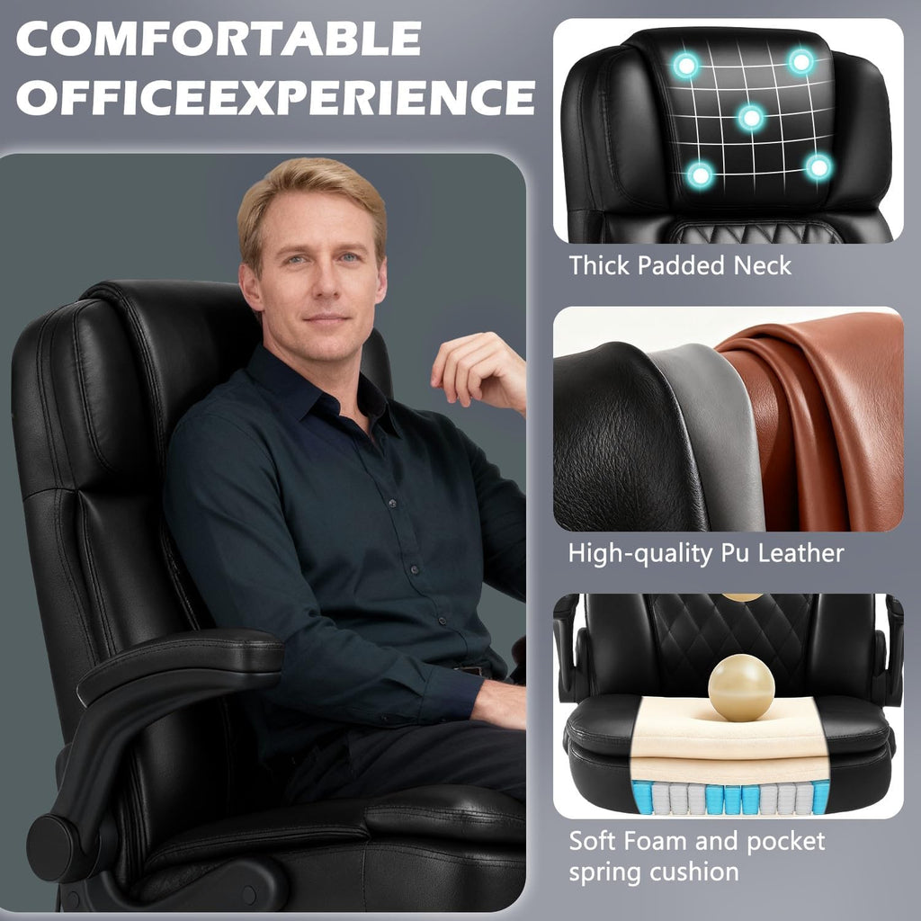 450LBS Big and Tall Executive Office Chair with Flip up Arm, Heavy Duty PU Leather Computer Desk Chair,Comfortable High Back Swivel Home Office Chair with Rolling for Adults,Spring Cushion,Metal Base