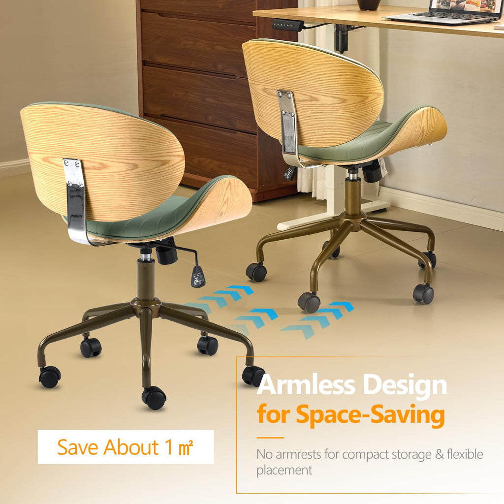 VINGLI Wide Comfotable Swivel Home Office Chair with Wood-Grain Curved Shell,Ergomomic Mid-Back Padded Armless Modern Desk Chair with Wheels,Height Adjustable for Computer,Task,Work,Microfiber,Rustic