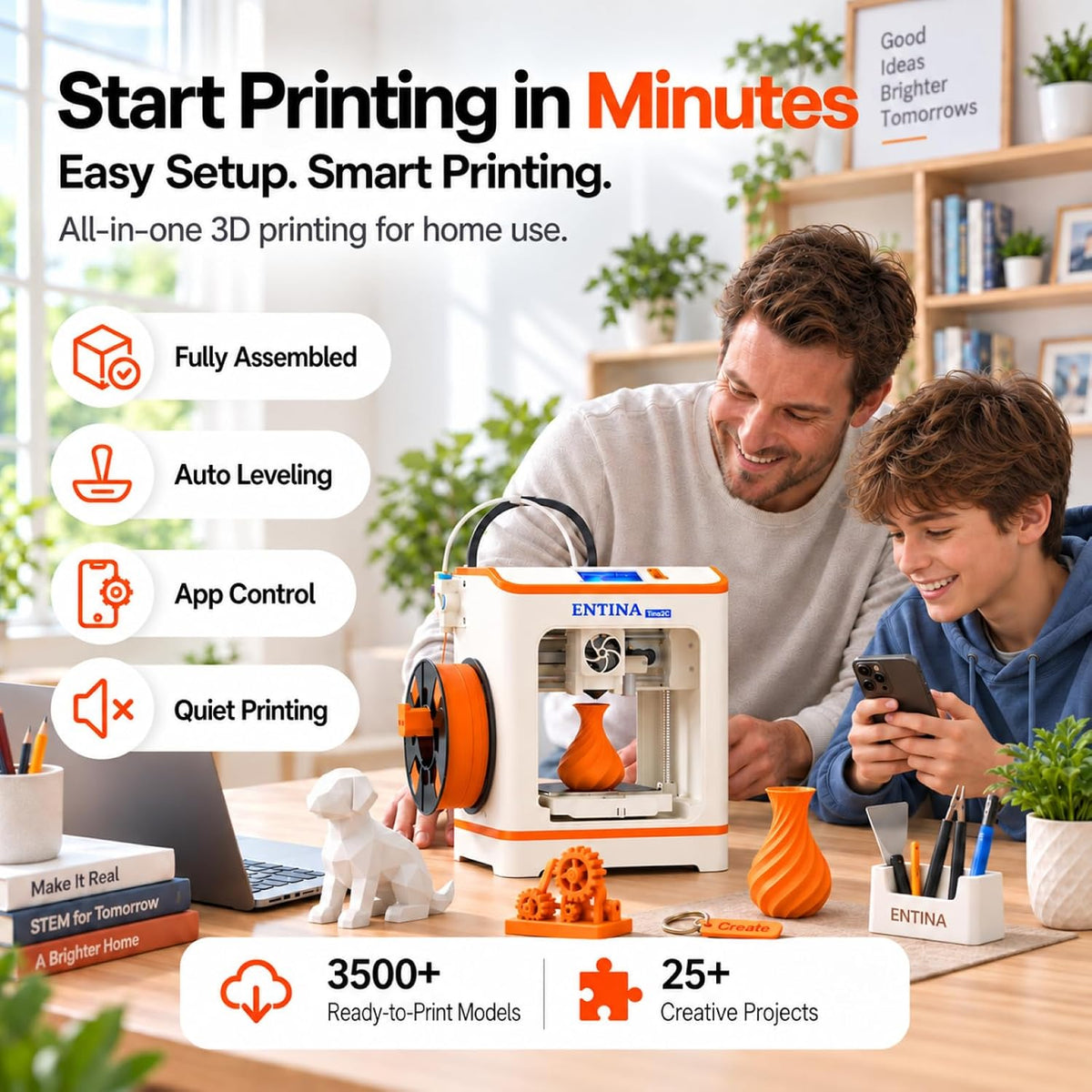 Entina Tina2C 3D Printer for Beginners, Fully Assembled Starter Mini 3D Printer, Start in 8 Mins, App & WiFi Control, Auto Leveling, 3500+ Model Library, 25+ Creative DIY Modules for STEM, Home