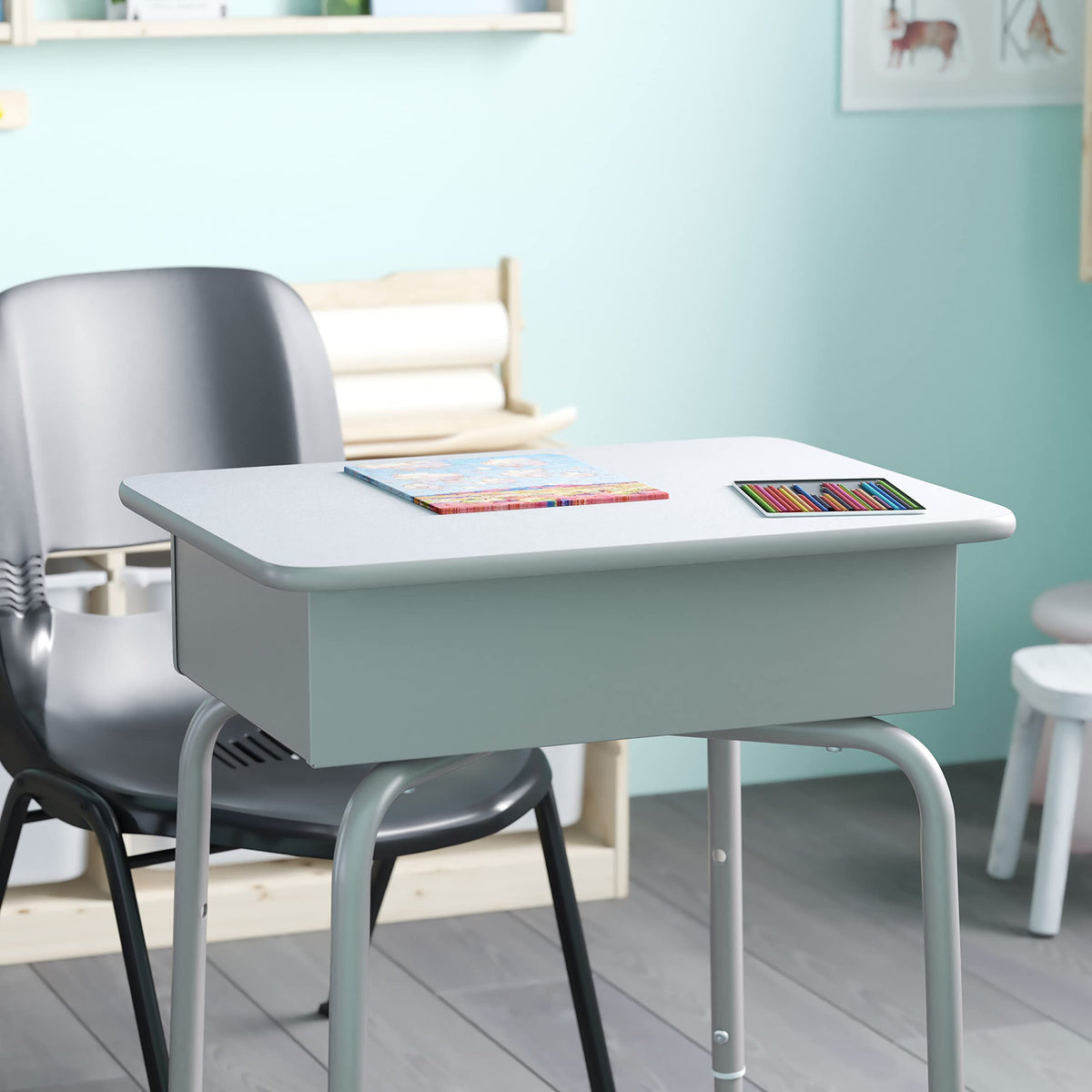 EMMA + OLIVER Adjustable Student Desk with Book Box