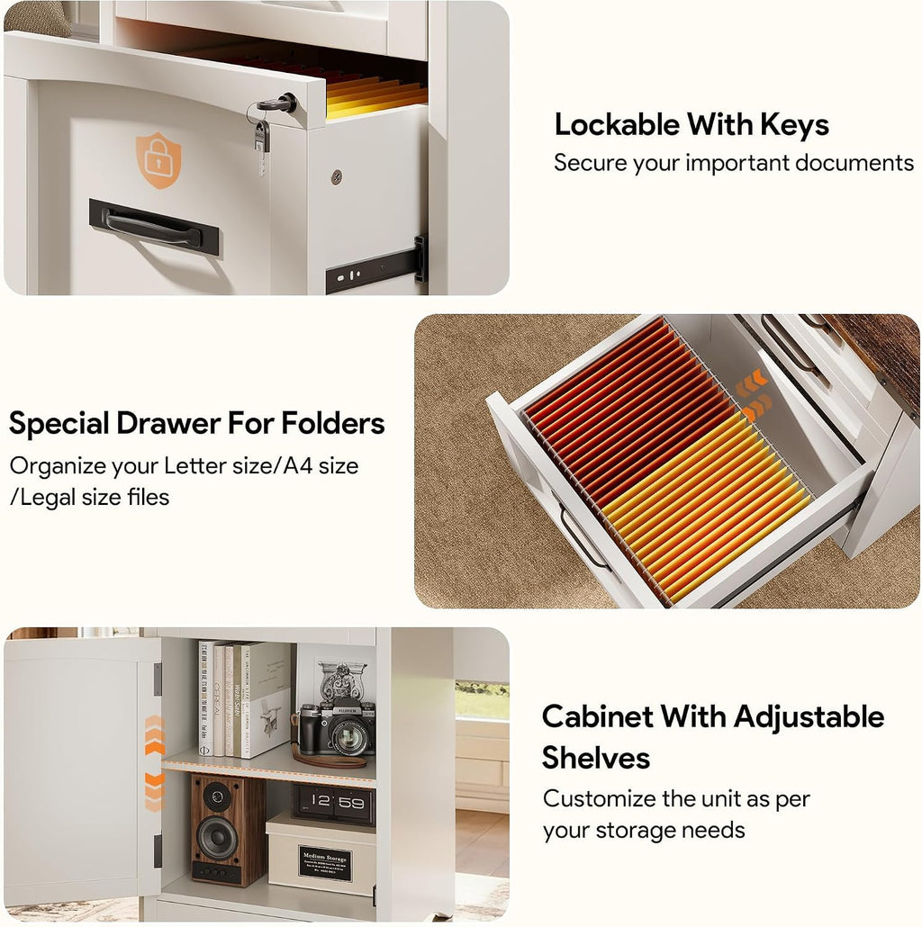 Decofy 67" Farmhouse L Shaped Standing Desk with Drawers Home Office Executive Desks with Fast Charging Station, Lockable File Cabinet, Wood Writing Computer Desk for Work, Study, White