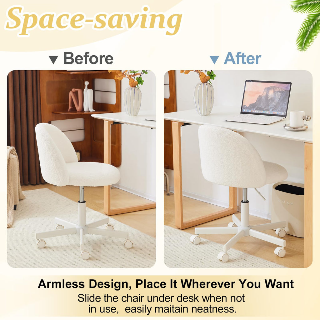 VINGLI Cute Candy Chair Armless Comfy Small Office Desk Vanity Chair with Wheels & Lumbar Support,Teddy Adjustable Rolling Swivel Computer Task Ch for Home Office,Bedroom,Gentle Pink