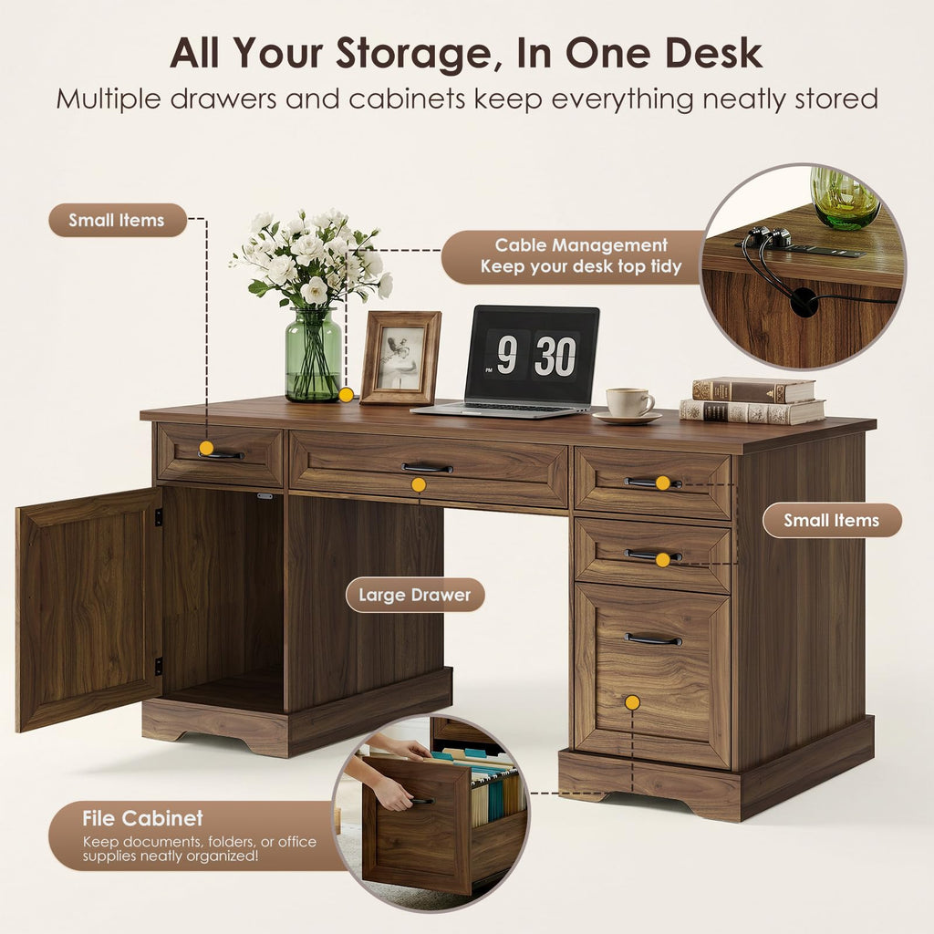 OffiGo Farmhouse 59 Inch Executive Desk with Drawers, Walnut+White