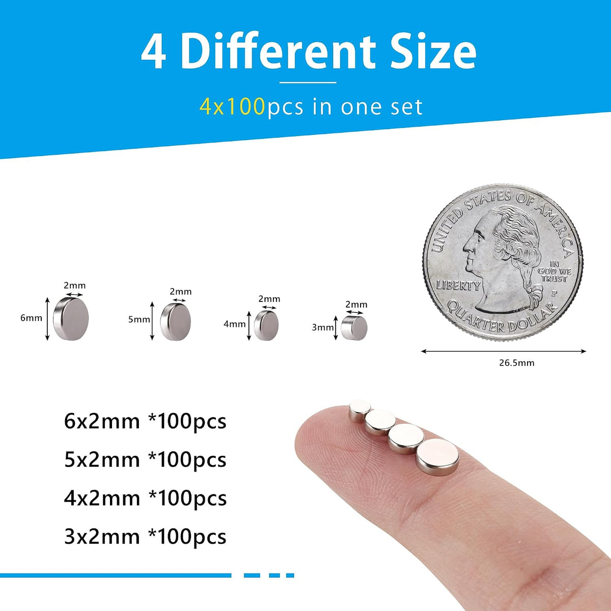 RHINOCATS 400Pcs Small Magnets, 4 Different Sizes Tiny Mini Magents, Multi-Use for Fridge, DIY, Office, Hobbies, Crafts and Science