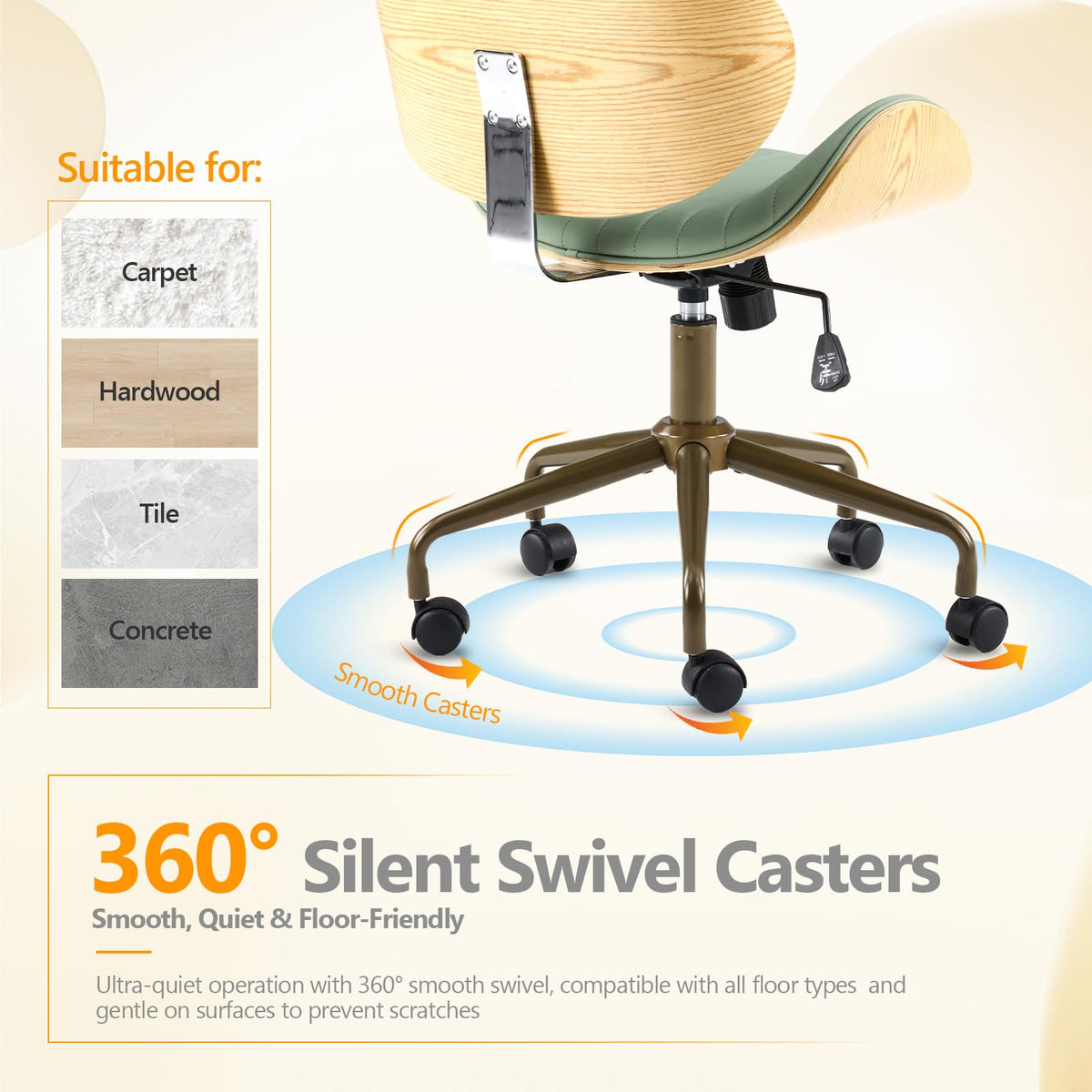 VINGLI Wide Comfotable Swivel Home Office Chair with Wood-Grain Curved Shell,Ergomomic Mid-Back Padded Armless Modern Desk Chair with Wheels,Height Adjustable for Computer,Task,Work,Microfiber,Rustic