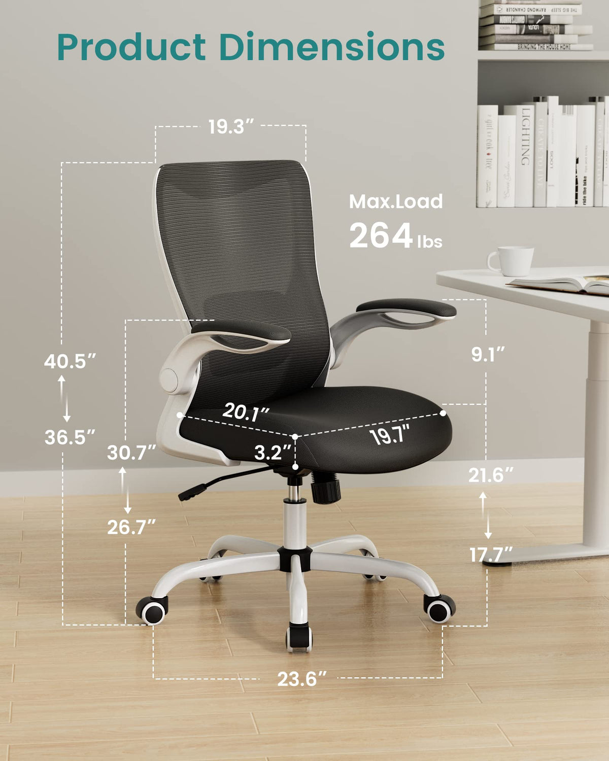 MUXX.STIL Office Chair, Ergonomic Desk Chair with Adjustable Lumbar Support and Flip up Armrest, Breathable Mesh Computer Chair for Home Office, Khaki