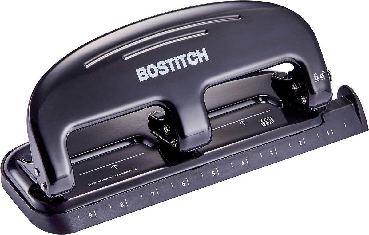 Bostitch EZ Squeeze 3-Hole Punch – 20-Sheet Capacity, No-Jam, Reduced Effort, Metal