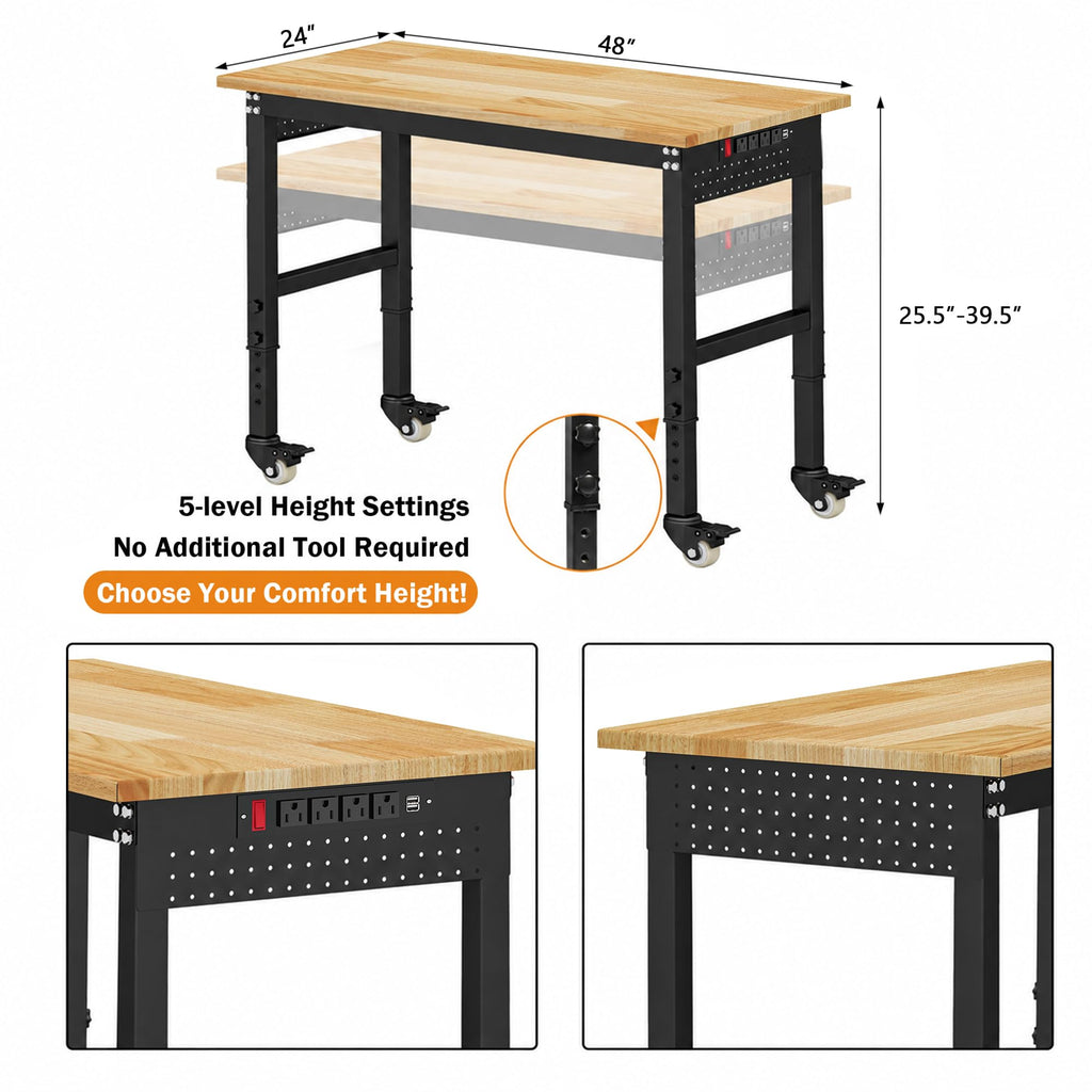 Betterhood 48" Heavy-Duty Adjustable Workbench for Garage, Rubber Wood Shop Table W/Metal Wheels, Hardwood Workstation Weight Capacity Over 2000 Lbs with Wheels