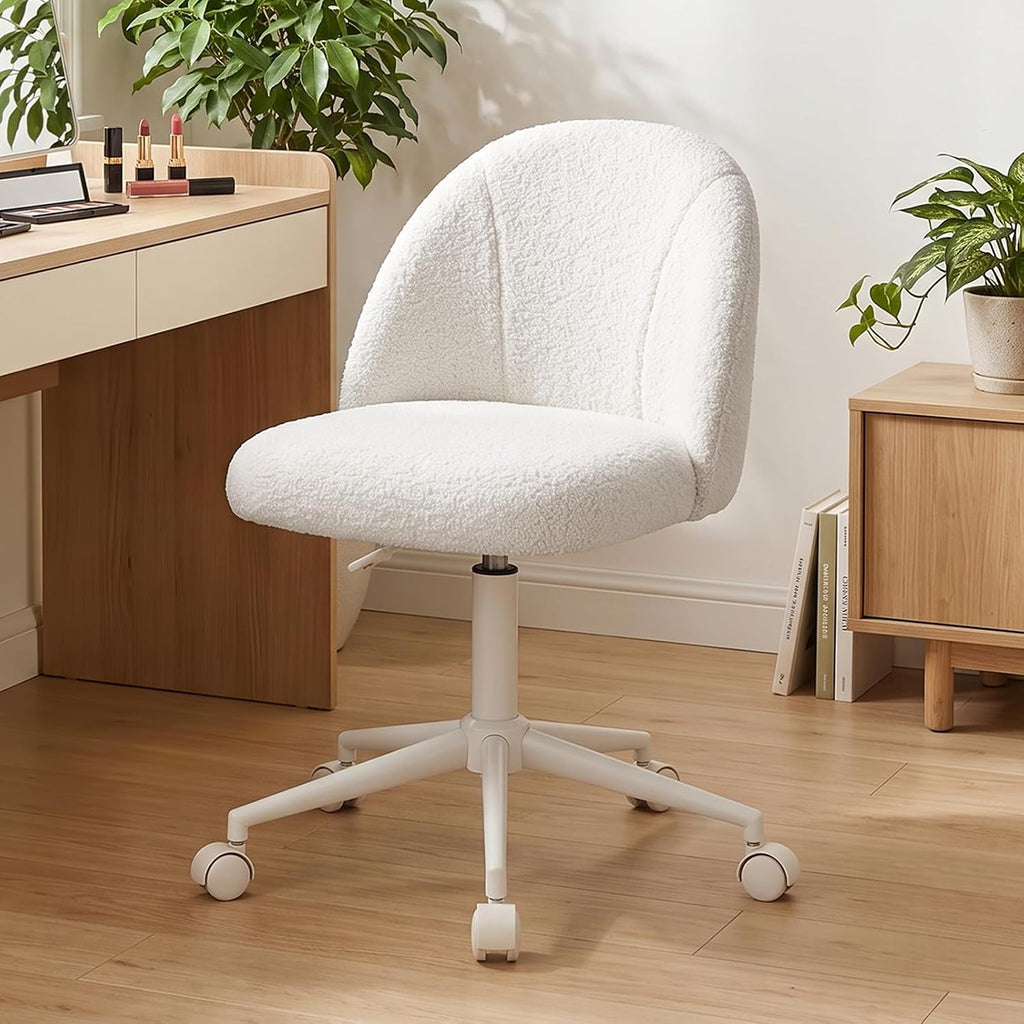 White Vanity Chair with Wheels＆Back, Armless Cute Desk Chair
